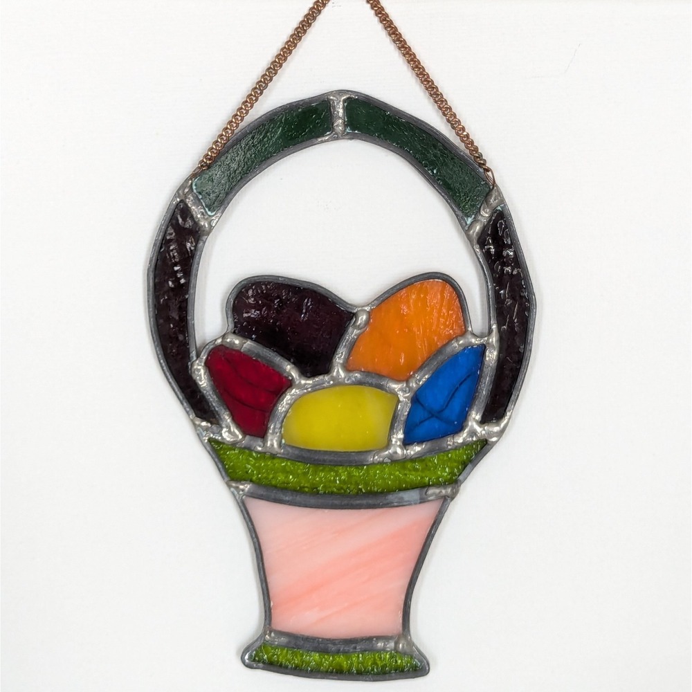Vtg Stained Glass Easter Egg Basket Suncatcher 6.5" Handcrafted Colorful Spring